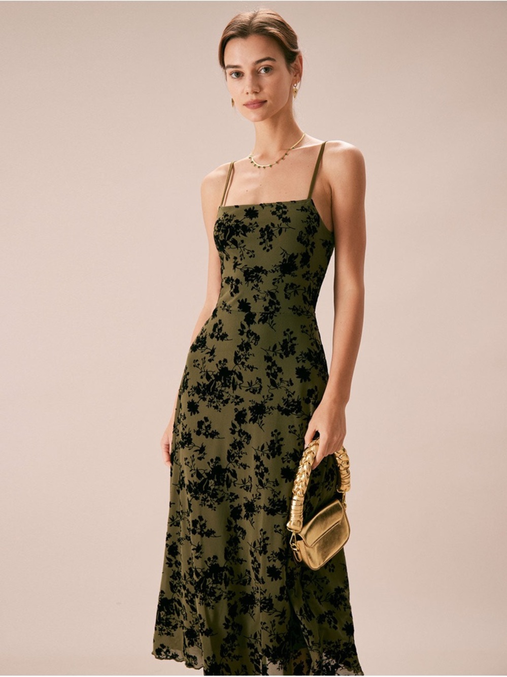 RIHOAS The Green Floral Burnout A-Line Slip Midi Dress